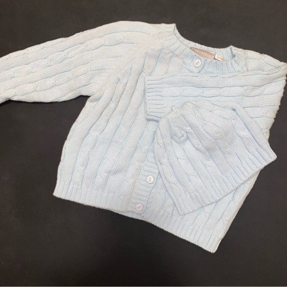 Elegant Baby baby blue cable knit sweater and matching hat. 12 months